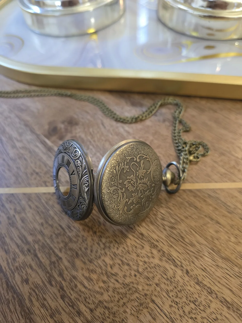 Antique-Style Brass Pocket Watch Necklace - Brass Tone